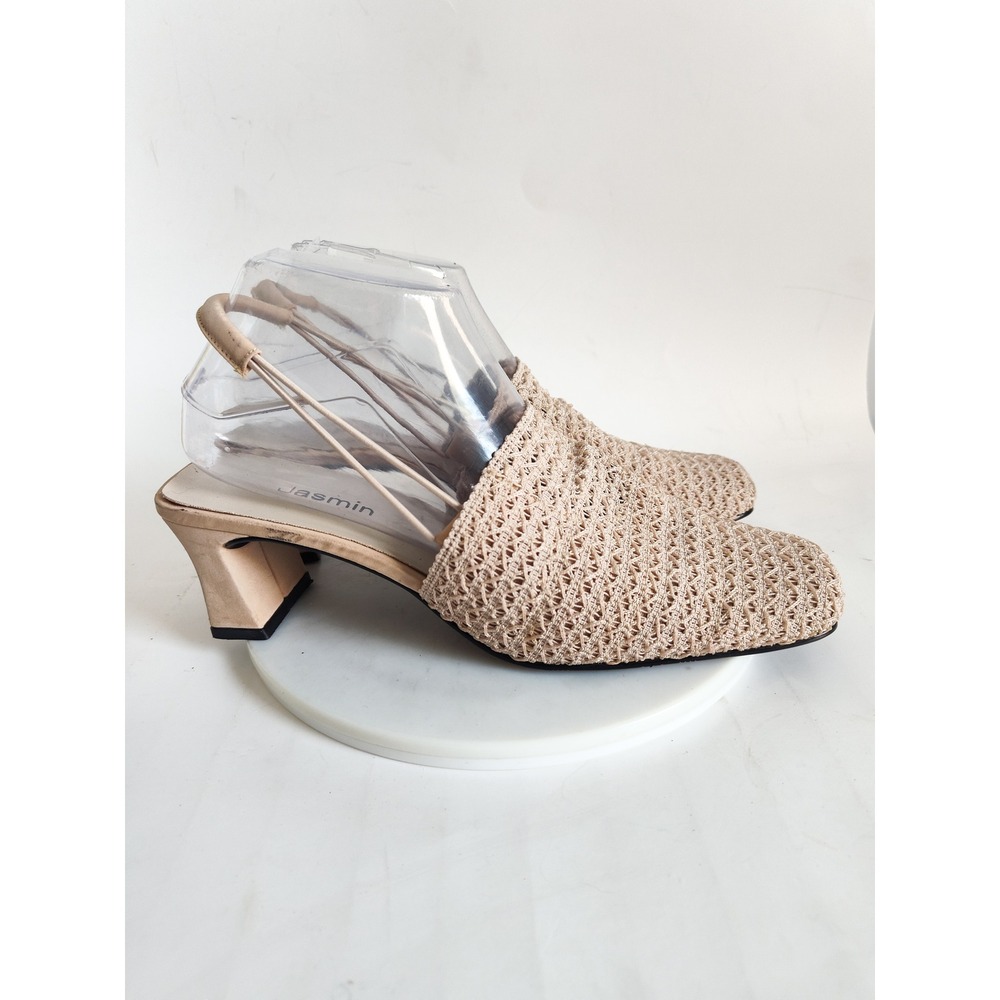 Vintage Crochet Slingback Heels 8.5 Square Toe Beige Neutral Woven Block Heel